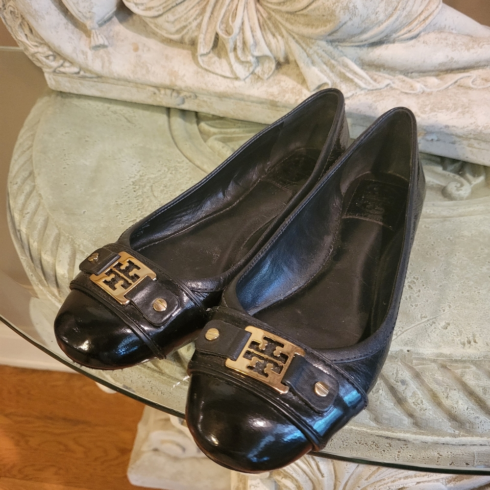 Tory Burch Logo Leather Flats Made in Brazil Black Size 8 #460